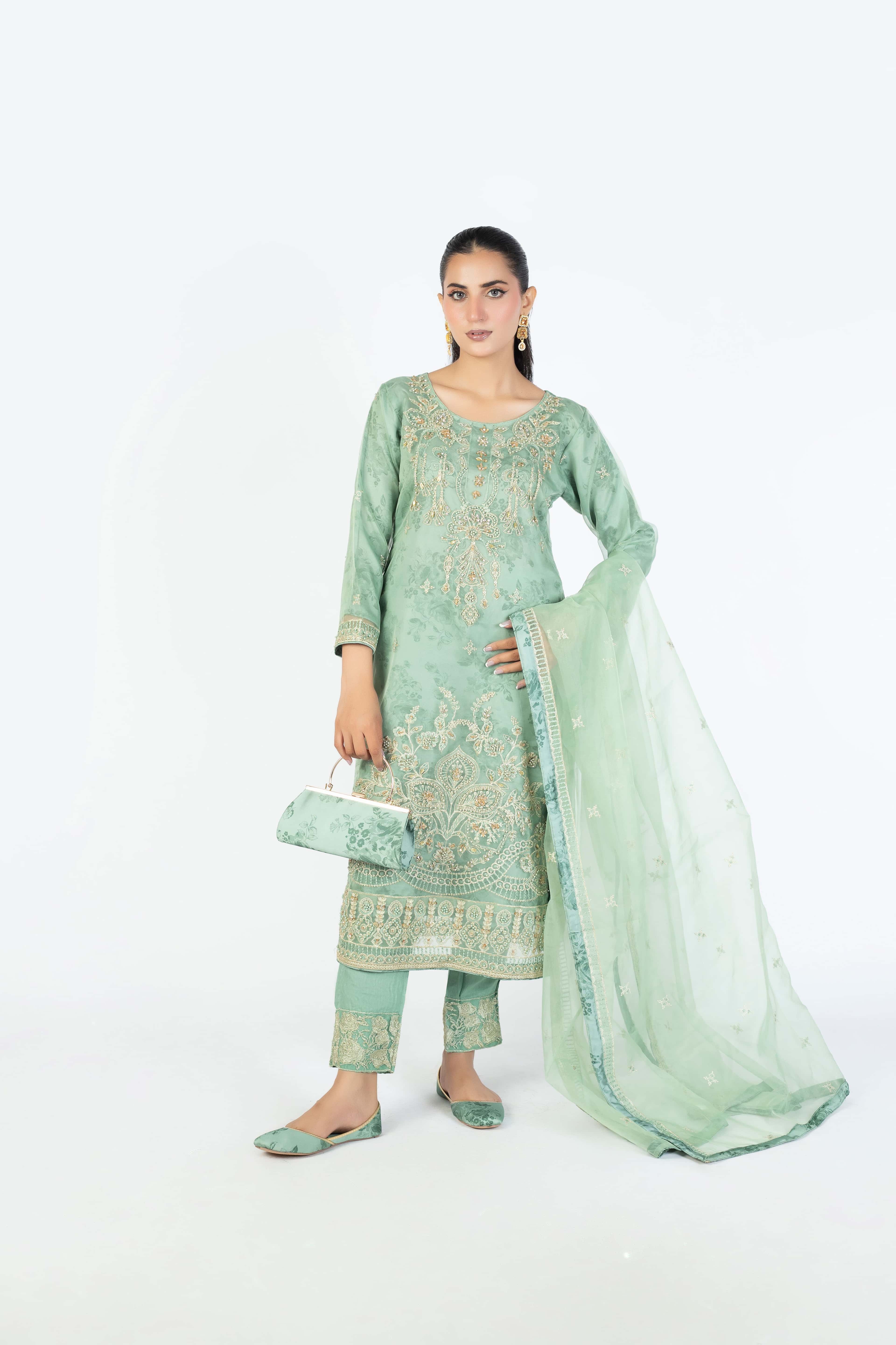 Mint Green Organza Embellished Ensemble - Image 1
