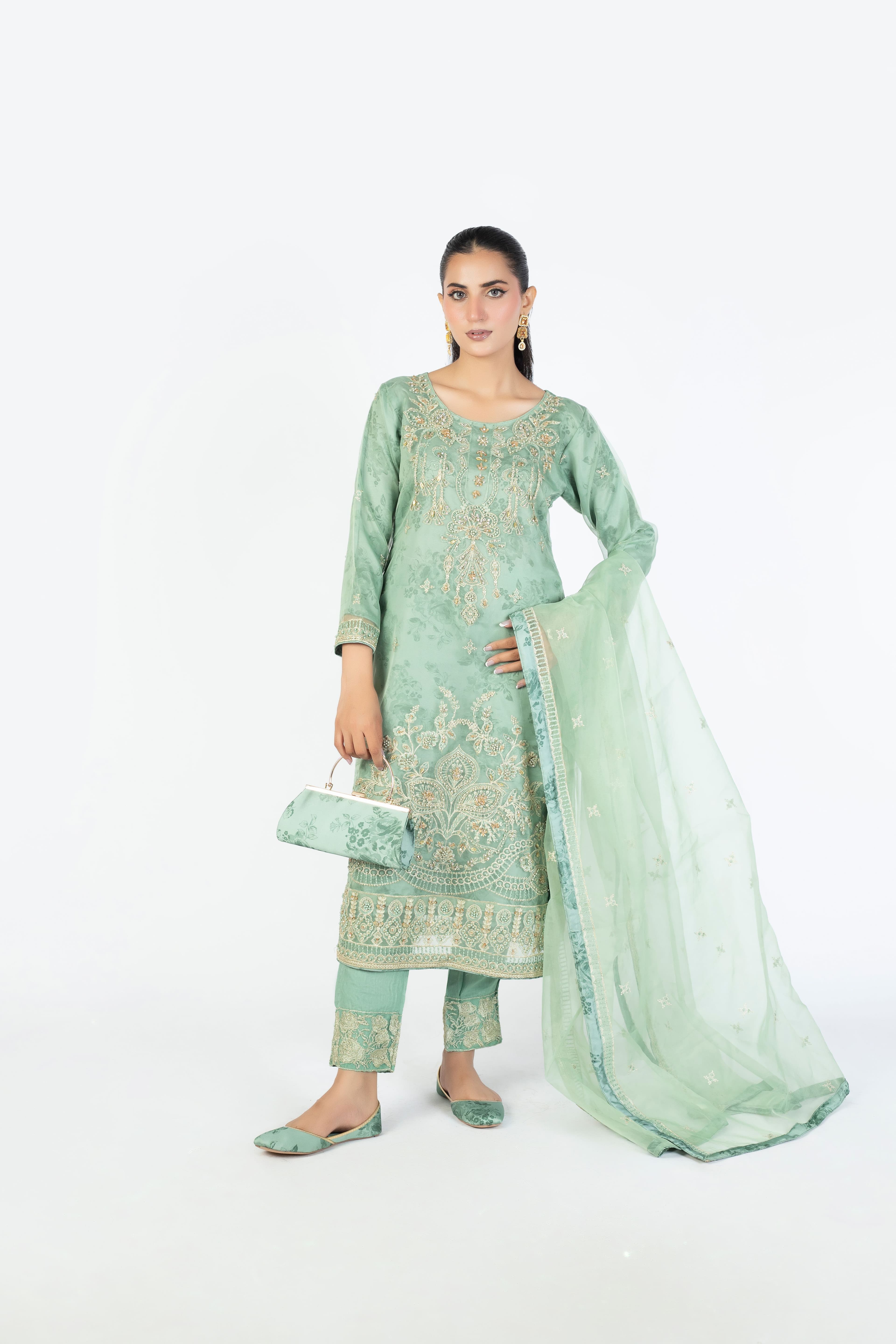 Mint Green Organza Embellished Ensemble - Image 1