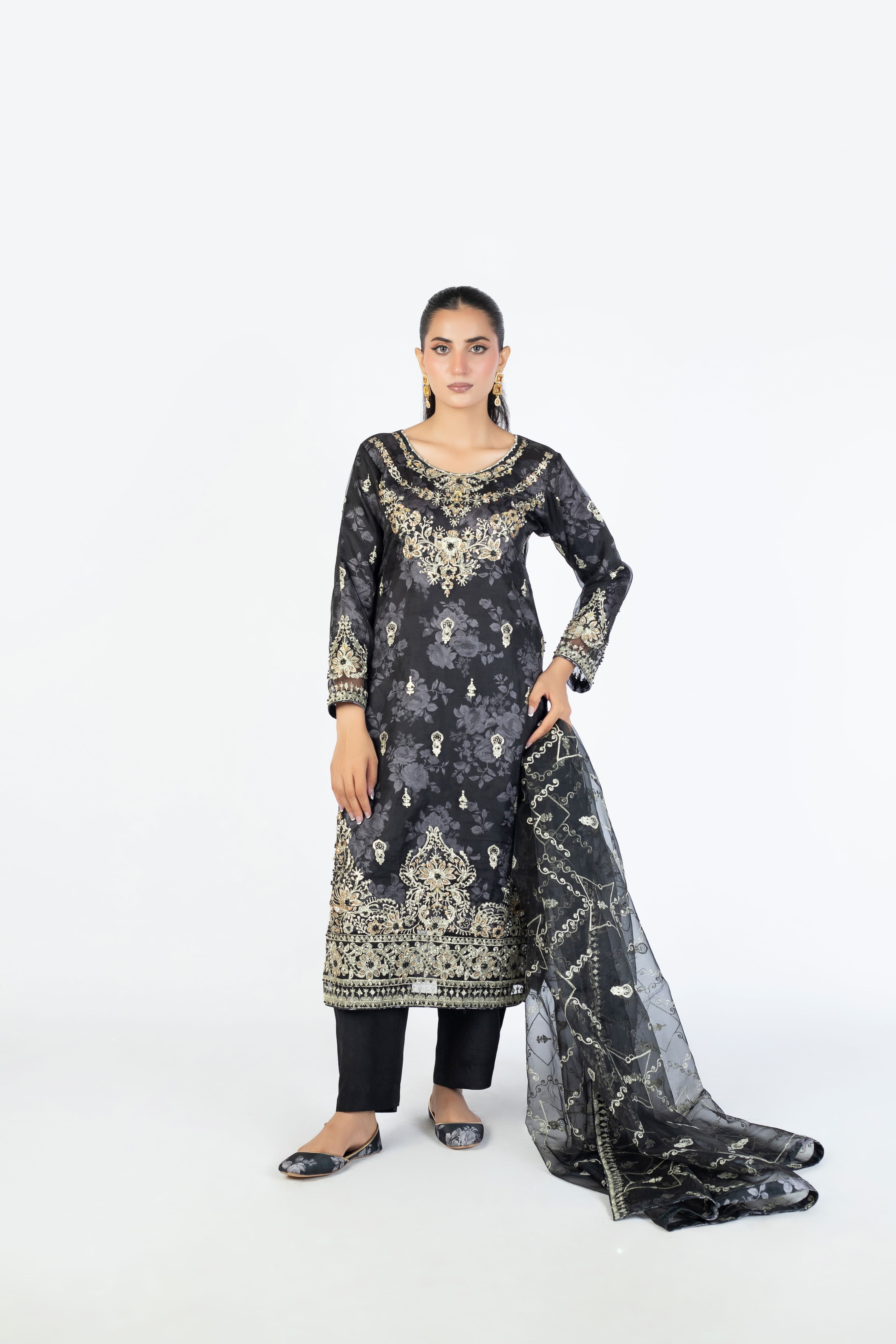 Black Handmade Embellished Organza Ensemble - Image 1